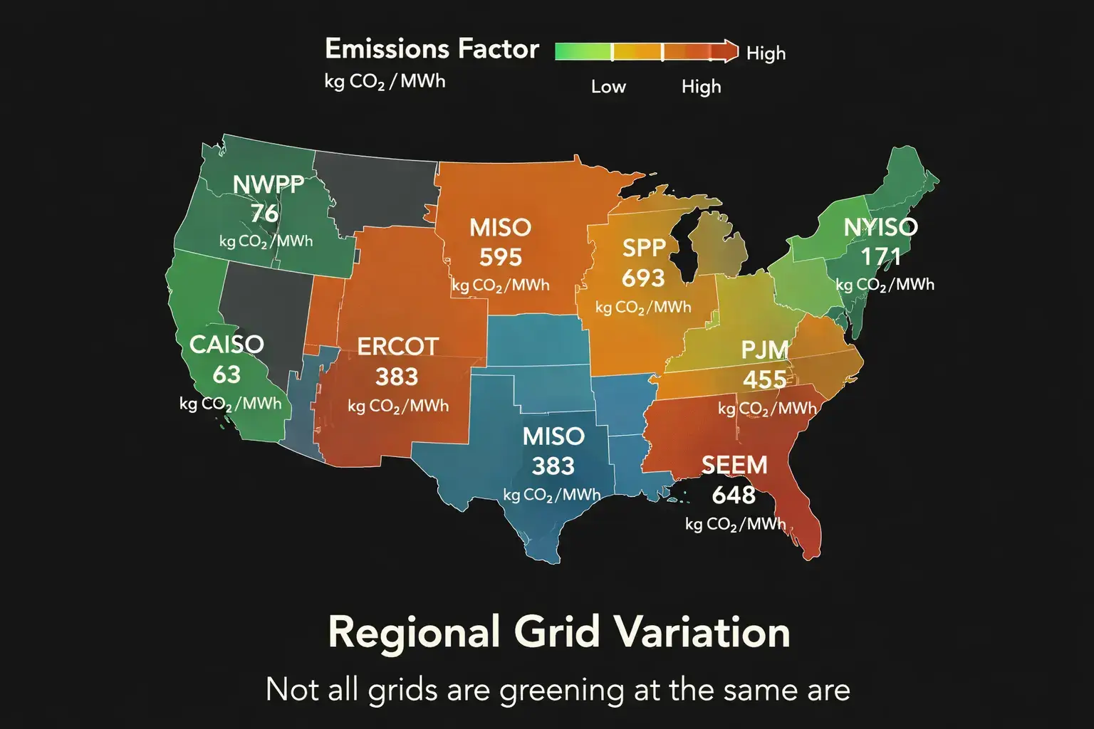 Map or chart showing regional Scope 2 emissions factors across U.S. grid regions, illustrating the variation in decarbonization rates that makes location-based emissions forecasting essential.