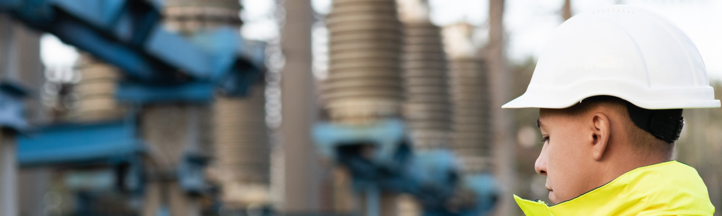 Utility worker in front of transmission station