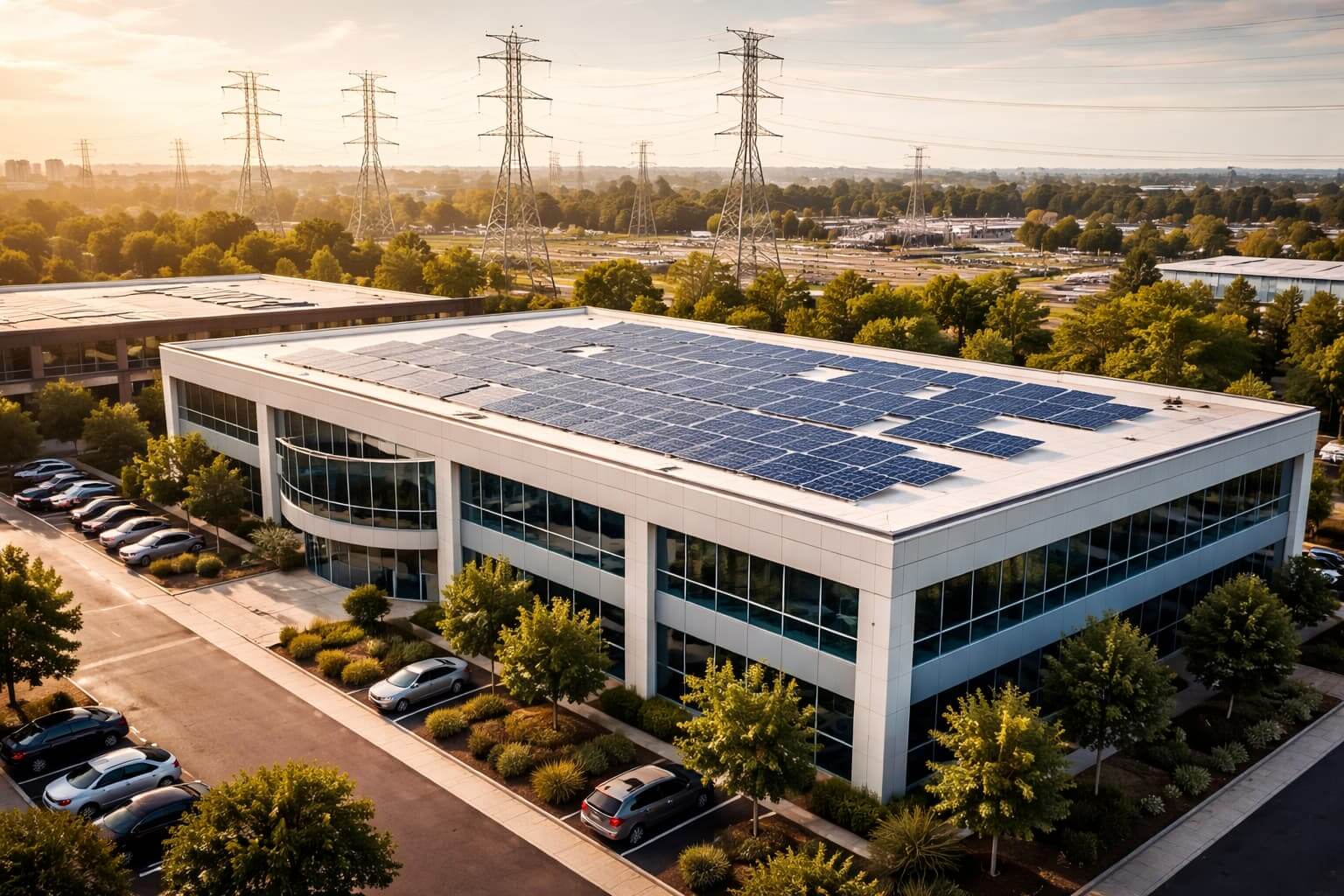 Commercial building with rooftop solar panels representing corporate green tariff renewable energy procurement