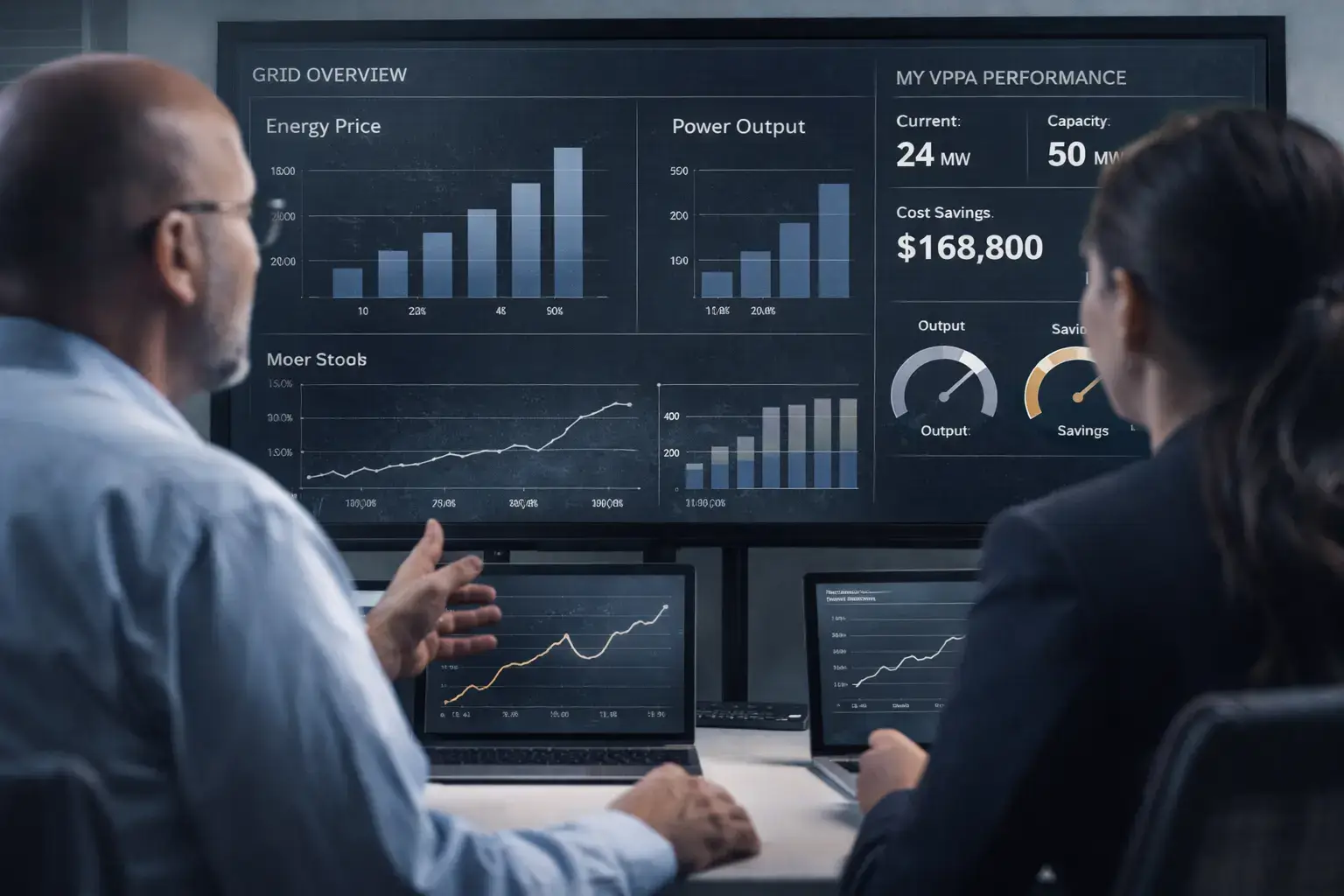 Energy team monitoring vPPA performance tracking data on a dashboard