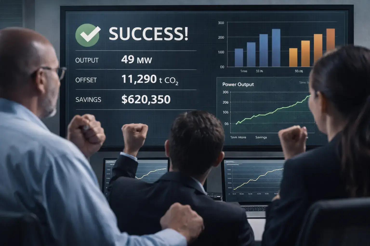 Energy analysts reviewing a renewable energy performance dashboard used for corporate PPA invoice validation and contract settlement monitoring.