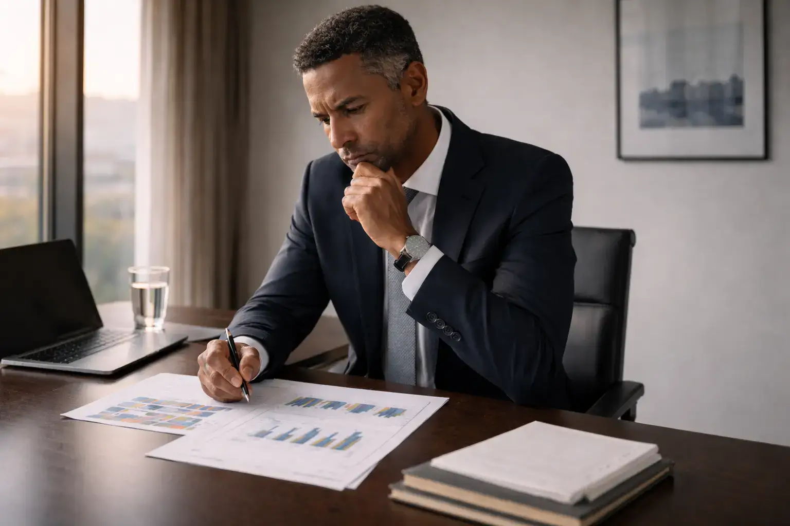 Executive reviewing PPA performance and risk reports to evaluate financial variance and governance visibility