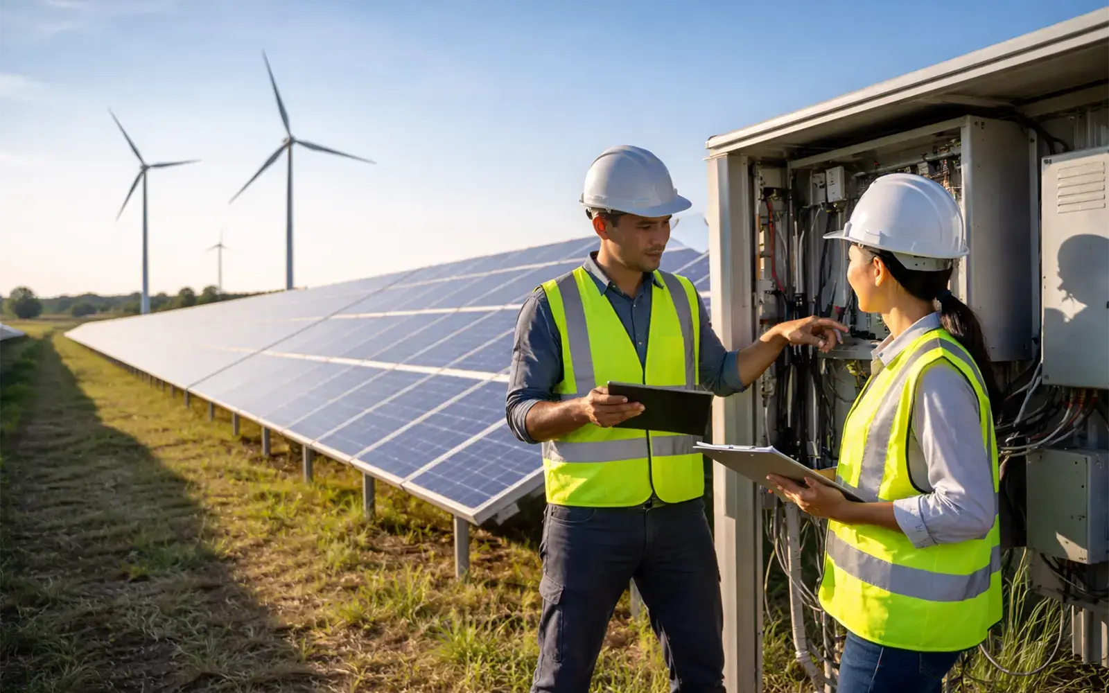 Technicians inspecting a utility-scale solar site as part of PPA performance management and PPA asset management.