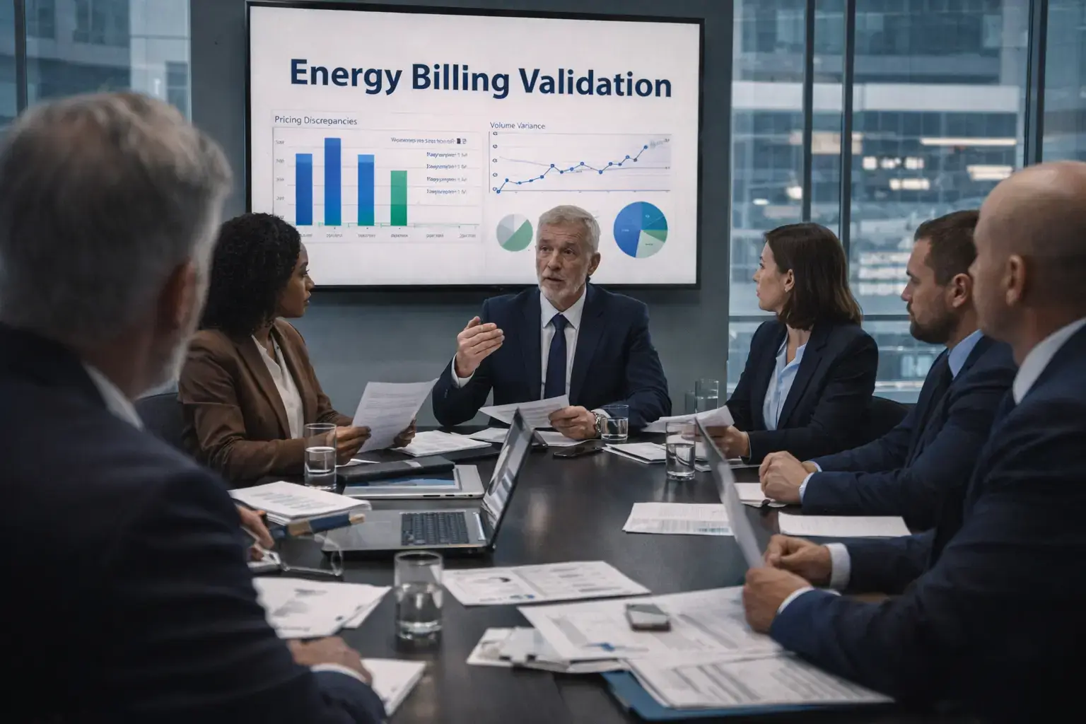 Executive team reviewing financial and energy performance data as part of energy billing validation and governance oversight