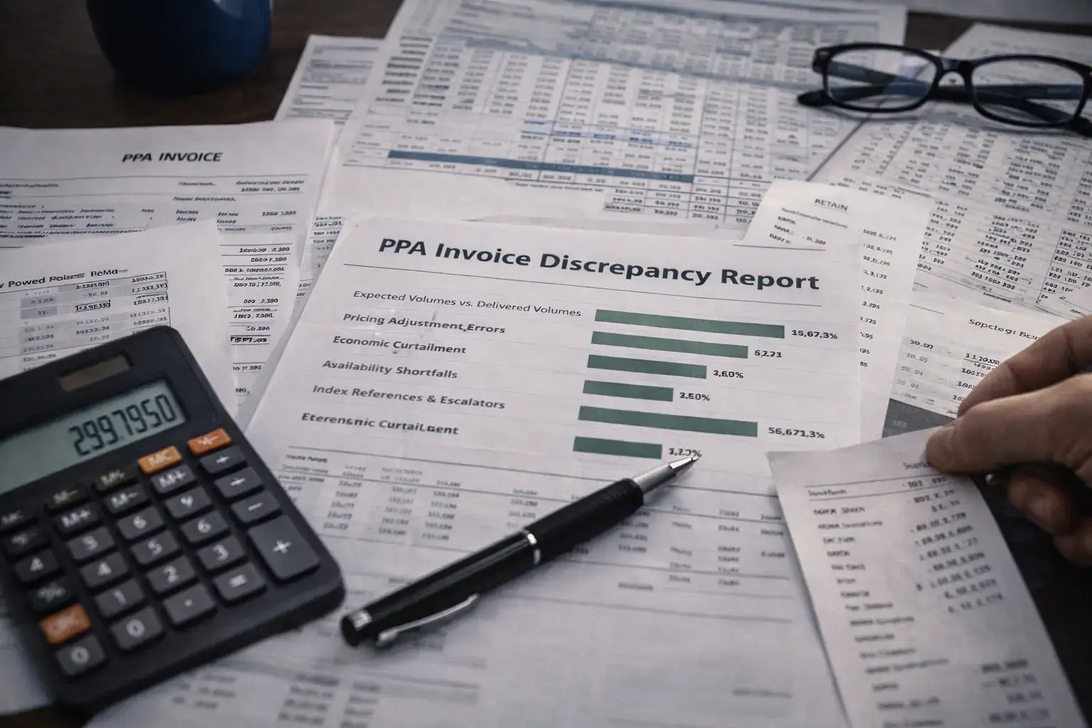 PPA invoice and settlement documents showing multiple discrepancies during energy billing validation review