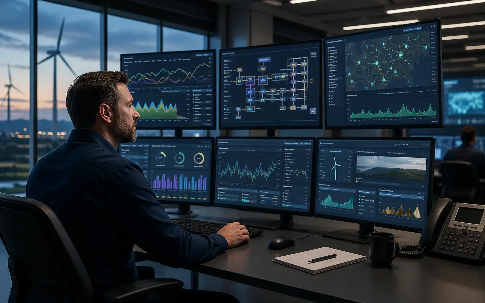 Energy professional monitoring renewable energy asset performance in real time