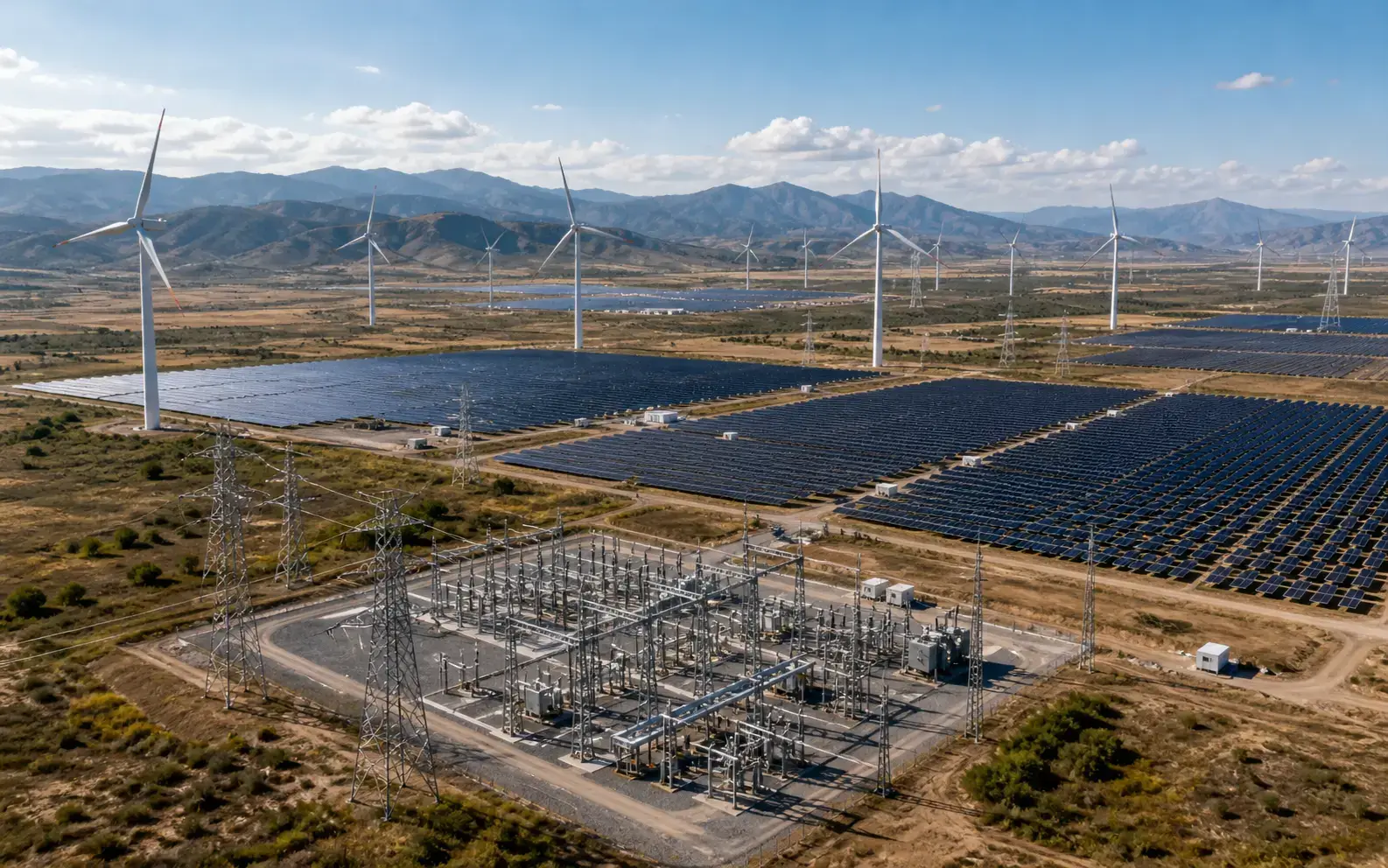 Aerial view of a utility-scale solar farm representing renewable energy portfolio scale